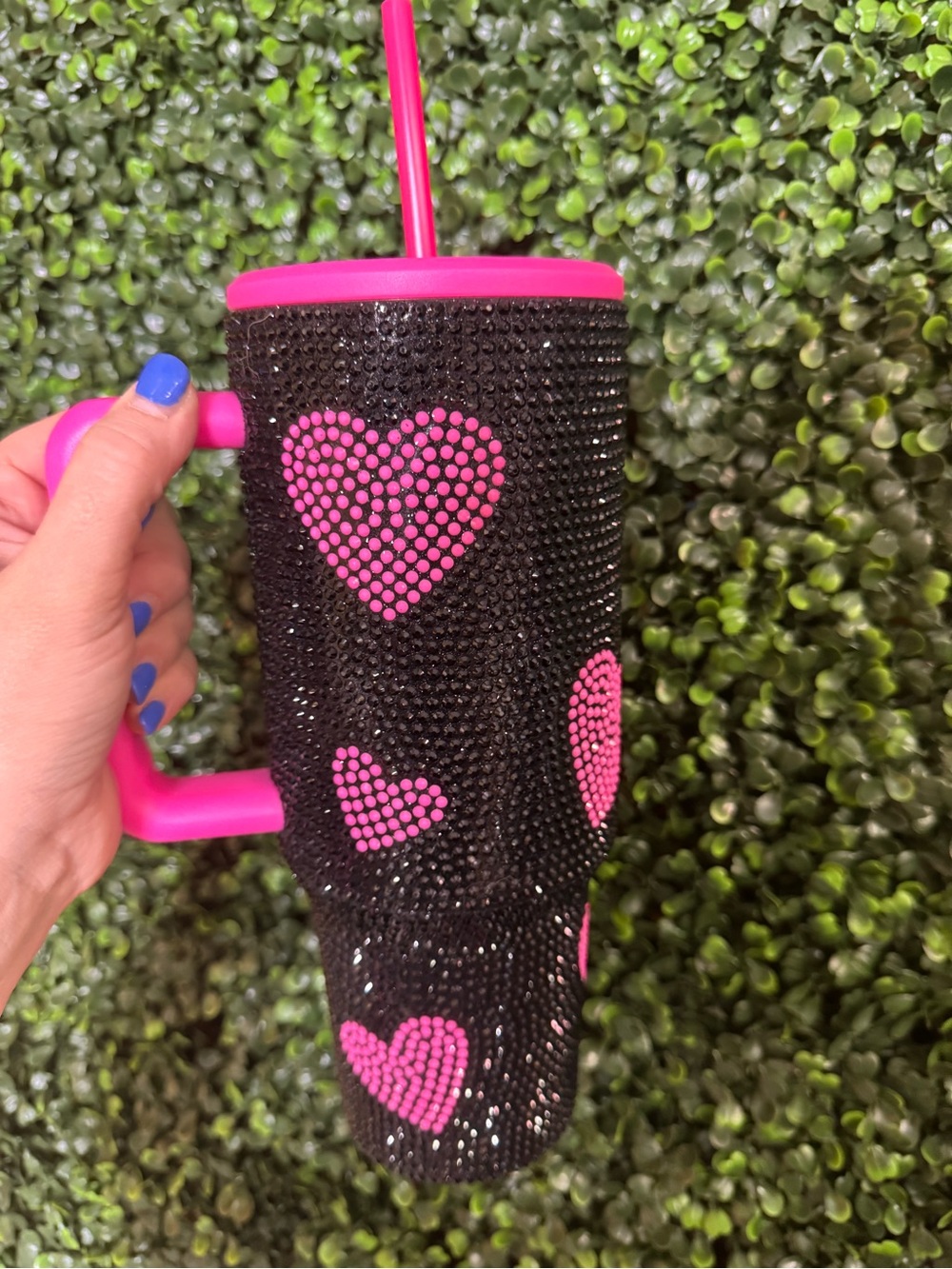 Black Rhinestone Tumbler with Pink Heart Accents